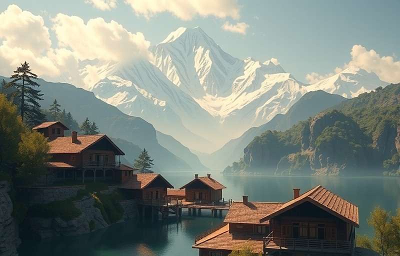 Siolim Superstars Himalayan Region Concept Concept art for upcoming Himalayan region in Siolim Superstars showing mountain villages and traditional homes